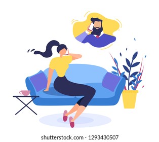 Wife Sitting on Sofa at Home and Calling Husband on Work Flat Vector Isolated on White Background. Woman Making Call to Client Support Line, Company Manager Answering Customers Question Illustration