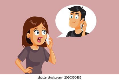 Wife Speaking on the Phone with Her Husband Vector Cartoon. Couple in long distance relationship having a conversation on the phone
