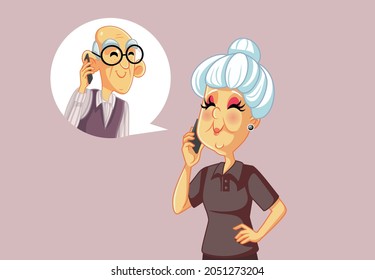 Wife Speaking on the Phone with Her Husband Vector Cartoon. Elderly couple communicating and keeping in touch from a distance 
