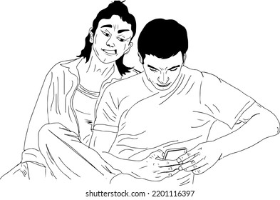 Wife spying her husband mobile cartoon doodle drawing, continuous outline sketch drawing Jealous woman looks at her boyfriend's phone, Woman checking telephone of her clip art silhouette
