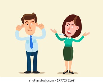 Wife swearing to husband. Girl yells at her boyfriend, man plugged his ears with fingers so as not to hear her. Family conflict, scandal. Vector illustration, flat design, cartoon style, isolated.