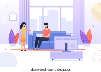 Wife Talking to Busy Husband Flat Cartoon. Man Sitting on Sofa and Working with Laptop in Living Room at Home. Married Couple Relationship. Prioritization. Relationship and Job. Vector Illustration