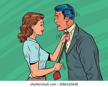 the wife ties her husband tie, the family. Morning man is going to work