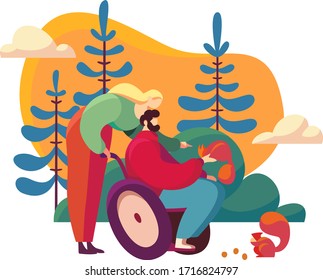 Wife walk the park with disabled husband, man on wheelchair concept and vector illustration on white background. Assistance in rehabilitation of disabled person. Lovely couple. Flat style.