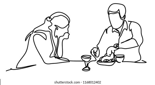 Wife watching her husband prepare dinner in the kitchen. Professional vector illustration isolated on white background. Continuous line drawing. Vector, drawing by lines