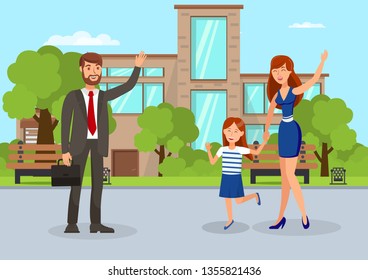 Wife Waving to Husband Flat Vector Illustration. Mother with Daughter Greeting Father Cartoon Characters. Family Walk. Woman with Girl Met Neighbour, Colleague on Street. Businessman with Briefcase