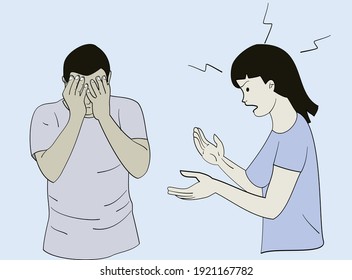 A wife who is angry with her husband. The husband covered his face because he felt guilty. Hand drawn style vector.