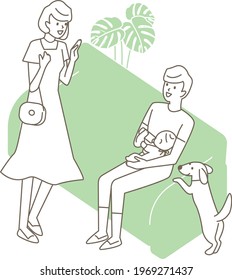 A wife who goes out and a husband who raises children. Vector illustration 