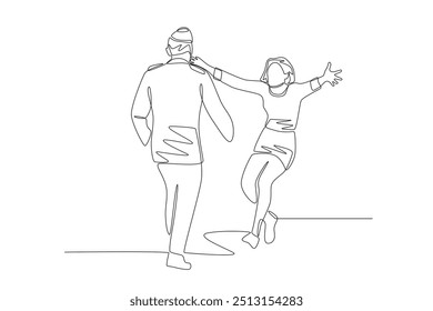 The wife who welcomes her husband home from work. Returning home to their families concept one-line drawing