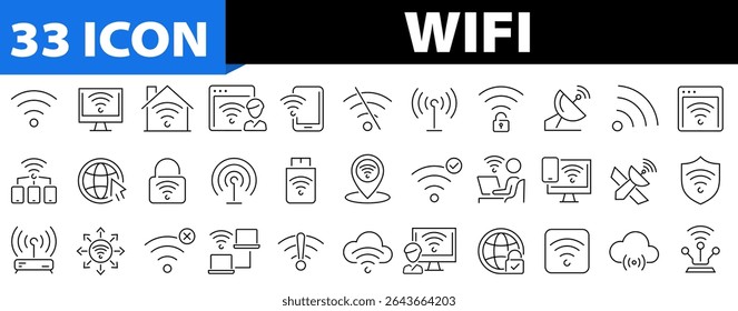 Conjunto de ícones Wifi 33. Wifi, online, sinal, sem fio, conectar, hotspot, offline, roteador wifi, computador, rádio, antena, internet e muito mais. Traçado editável. Ilustração vetorial
