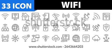 Wifi 33 icon set. Wifi, online, signal, wireless, connect, hotspot, offline, wifi router, computer, radio, antenna, internet and more. Editable stroke. Vector illustration