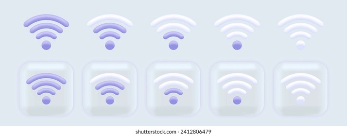 Wi-Fi 3D with signal set for web background design. Purple Wifi 3D signal cartoon collection. Internet access decorative design template. Vector isolated illustration.