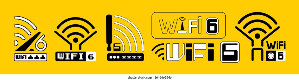 Wi-Fi 6 Icon Set Vector. New Wireless Generation Logo. High Network Bandwidth Illustration On Yellow Background. Wifi 6 Certified Router And New Generation Telecommunication For Network Connectivity.