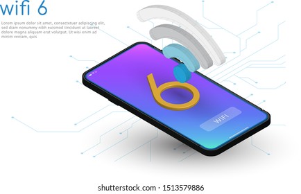 Wi-Fi 6 Telecommunications new generation network connectivity in networking. Smartphone with WiFi 6 symbol on it with 3D wifi symbol. EPS 10 Vector