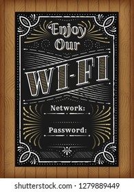 Wifi access lettering flyer for cafe bar. Vintage hand drawn chalkboard illustration concept. Grunge typographic poster idea. Eps 10 vector