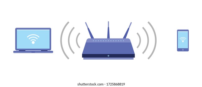 Wi-Fi access point, laptop and phone connection to Wi-Fi point. Wireless router vector icon.