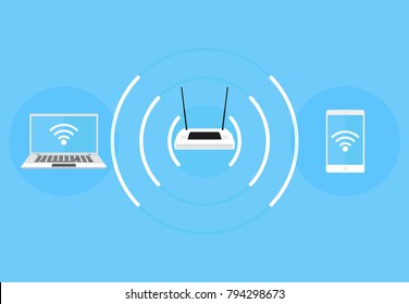 Wi-Fi access point, laptop and phone connection to Wi-Fi point, icons for web design and mobile applications. Vector illustration.