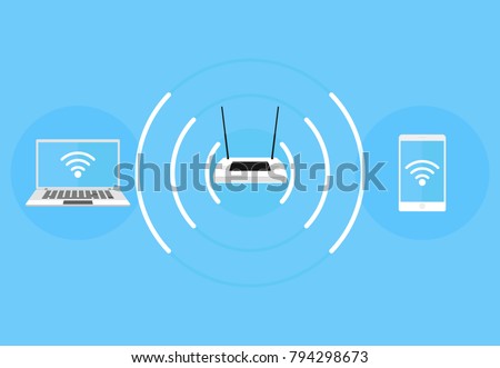 Wi-Fi access point, laptop and phone connection to Wi-Fi point, icons for web design and mobile applications. Vector illustration.