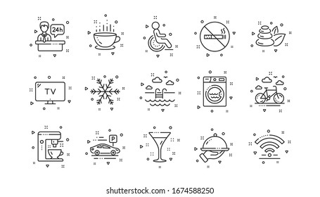Wi-Fi, Air conditioning and Coffee maker machine. Hotel service line icons. Spa stones, swimming pool and hotel parking icons. Linear set. Geometric elements. Quality signs set. Vector