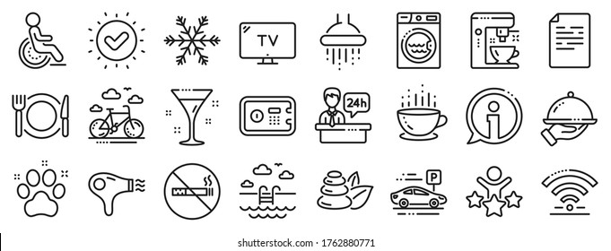 Wi-Fi, aire acondicionado y cafetera. Iconos de la línea de servicio del hotel. piedras de spa, piscina e iconos de alquiler de bicicletas. Aparcamiento, caja fuerte y ducha. Comida, taza de café. Vector