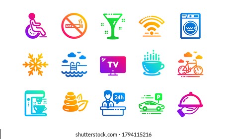 Wi-Fi, Air conditioning and Coffee maker machine. Hotel service icons. Spa stones, swimming pool and hotel parking icons. Classic set. Gradient patterns. Quality signs set. Vector