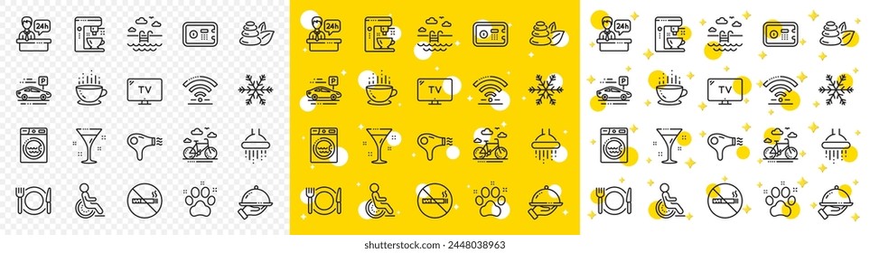 Wi-Fi, Klimaanlage und Kaffeemaschine. Symbole für Hotelservicelinien. Wellnesssteine, Pool und Fahrradverleih Icons. Hotelparkplatz, Safe und Dusche. Essen, Kaffeetasse. Vektorgrafik