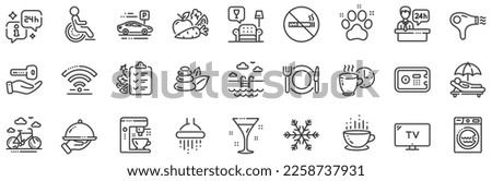 Wi-Fi, Air conditioning and Coffee maker machine. Hotel service line icons. Spa stones, swimming pool and bike rental icons. Hotel parking, safe and shower. Food, coffee cup. Vector