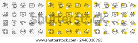 Wi-Fi, Air conditioning and Coffee maker machine. Hotel service line icons. Spa stones, swimming pool and bike rental icons. Hotel parking, safe and shower. Food, coffee cup. Vector