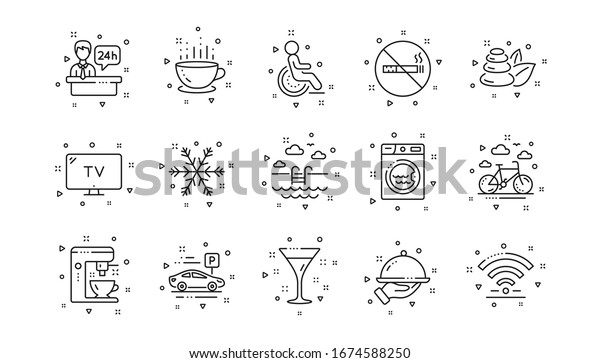 Wi-Fi,\
Air conditioning and Coffee maker machine. Hotel service line\
icons. Spa stones, swimming pool and hotel parking icons. Linear\
set. Geometric elements. Quality signs set.\
Vector