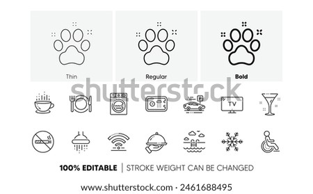 Wi-Fi, Air conditioning and Washing machine. Hotel service line icons. Pets, swimming pool and hotel parking icons. Linear set. Line icons set. Vector