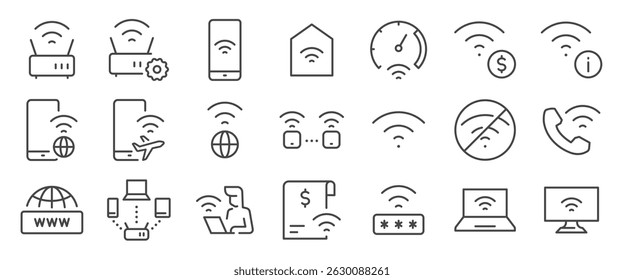 Wifi app icon set. It includes internet, network, router, signal, wireless and more icons. Editable Vector Stroke.