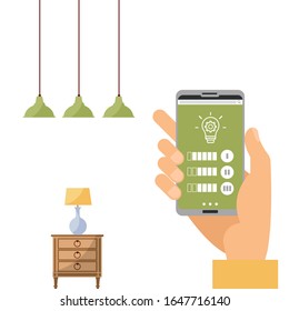 Wi-fi app on phone used to control smart lamp in smart home system. Hand holding smartphone, changing color light wall lapm. Remote bulb light. Smart phone connection with wireless lamp via wifi.
