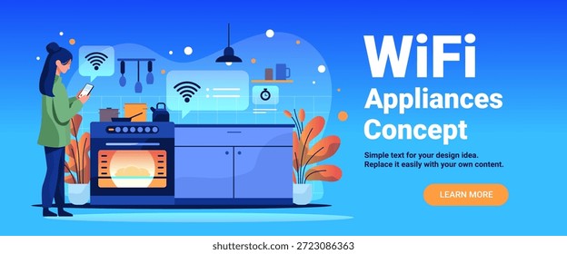Concepto de electrodomésticos WiFi tecnología de cocina inteligente mujer que controla el horno con el teléfono inteligente interior de la casa moderna Anuncio de Sitio web de fondo azul