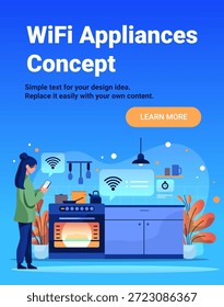 Concepto de electrodomésticos WiFi cocina inteligente mujer controla el horno teléfono inteligente hogar moderno interior fondo azul plantas utensilios de cocina Anuncio de Web