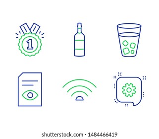 Wifi, Approved and View document line icons set. Ice tea, Brandy bottle and Cogwheel signs. Wi-fi internet, Winner badge, Open file. Soda beverage. Business set. Line wifi outline icons. Vector