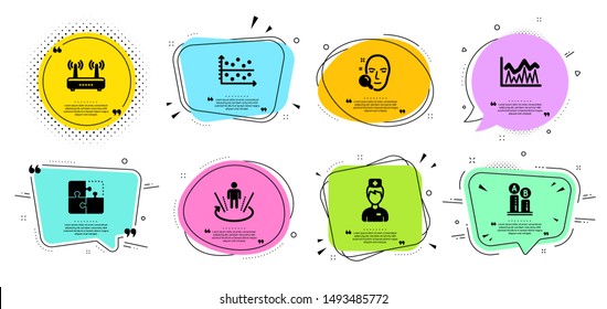 Wifi, Augmented reality and Puzzle line icons set. Chat bubbles with quotes. Doctor, Face search and Dot plot signs. Ab testing, Investment symbols. Internet router, Virtual reality. Vector