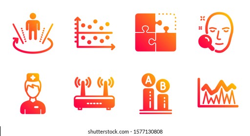 Wifi, Augmented reality and Puzzle line icons set. Doctor, Face search and Dot plot signs. Ab testing, Investment symbols. Internet router, Virtual reality. Science set. Vector