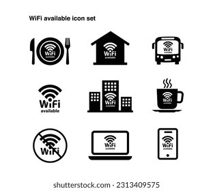 WiFi Availability Icons. A versatile vector set of modern icons representing WiFi availability. Enhance your designs with this comprehensive collection.