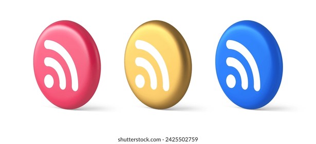 Wifi available access button wireless internet connection signal 3d realistic blue gold and pink icons. Wi fi network global online traffic sharing service data communication station