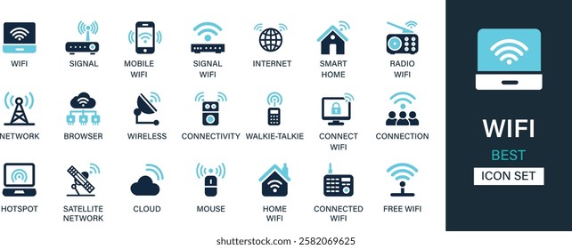 Wi-Fi best solid icon set collection. Signal, mobile, internet, smart home, radio, network, browser, hotspot, satellite, cloud, mouse, free WIFI and solid icon set.