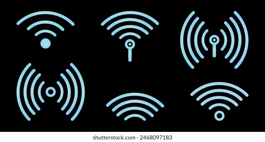 Señal Wi-Fi Blue Wireless. Símbolo de sensor de efecto de brillo de neón. Conjunto de iconos de onda de sonido inalámbrico. Enrutador de Internet de Tecnología, sonido Sonar. Ilustración aislada de Vector.