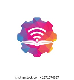 Plantilla de diseño del logotipo del concepto de la forma del engranaje del libro Wifi. Elemento de diseño del logotipo del icono del libro Wifi