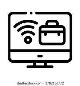 wifi and business case on computer screen icon vector. wifi and business case on computer screen sign. isolated contour symbol illustration
