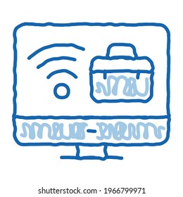 wifi and business case on computer screen sketch icon vector. Hand drawn blue doodle line art wifi and business case on computer screen sign. isolated symbol illustration