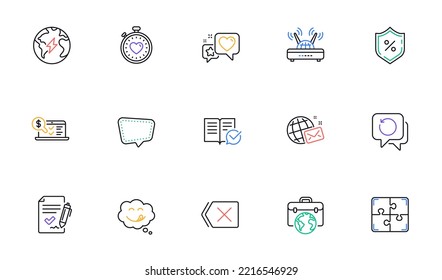 Wifi, Businessman case and Heartbeat timer line icons for website, printing. Collection of Chat message, Approved documentation, World mail icons. Remove, Heart. Bicolor outline Wifi icon. Vector