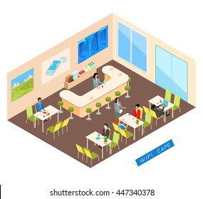 Wifi cafe in an isometric view. Girl waitress takes an order. Visitors dine and work on the Internet.