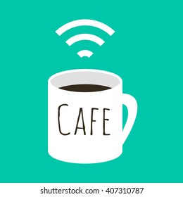 Wifi cafe vector illustration. A cup of coffee and wi fi sign. Internet free zone sign in flat style.