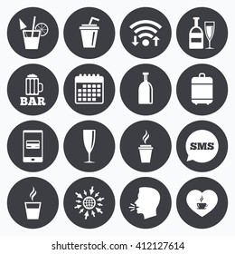 Wifi, calendar and mobile payments. Beer, coffee and tea icons. Beer, wine and cocktail signs. Soft and alcohol drinks symbols. Sms speech bubble, go to web symbols.
