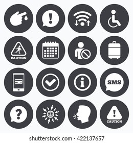 Wifi, calendar and mobile payments. Caution and attention icons. Question mark and information signs. Injury and disabled person symbols. Sms speech bubble, go to web symbols.