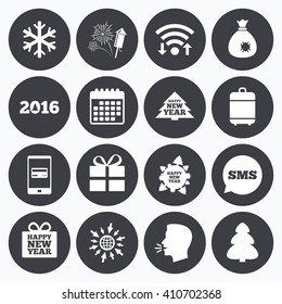 Wifi, calendar and mobile payments. Christmas, new year icons. Gift box, fireworks and snowflake signs. Santa bag, salut and rocket symbols. Sms speech bubble, go to web symbols.
